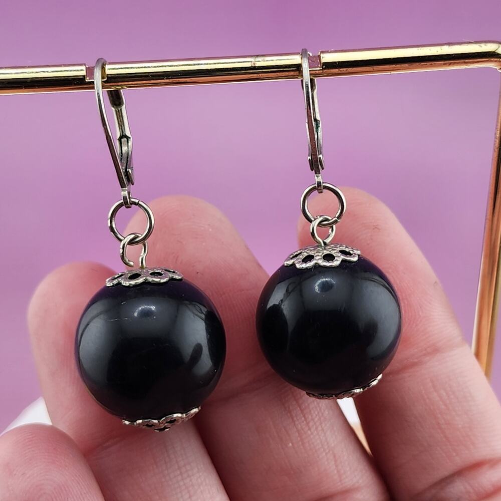Black Round Bead Drop Earrings Silver Tone Floral Caps Classic Leverback Pair